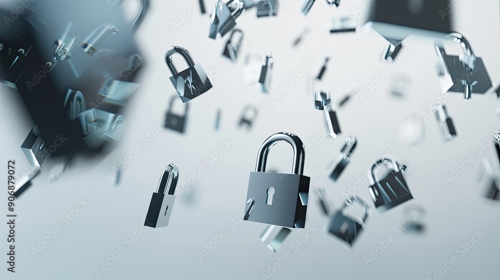 padlocks flying or floating on a light pink background, digital security problems. Hacking, cyber security, encryption. padlocks flying or floating on a light pink background, digital security problems. Hacking, cyber security, encryption.