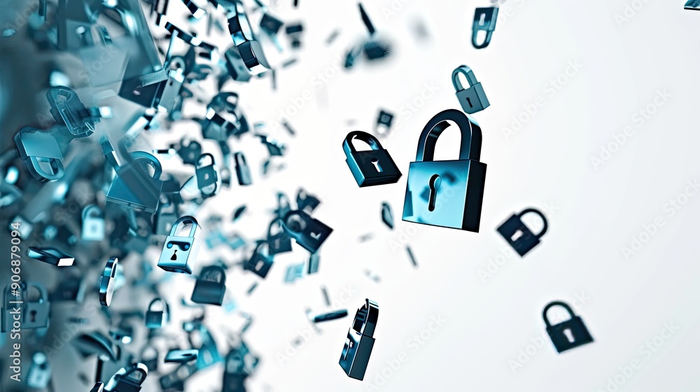 padlocks flying or floating on a light pink background, digital security problems. Hacking, cyber security, encryption. padlocks flying or floating on a light pink background, digital security problems. Hacking, cyber security, encryption.