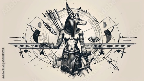 Tattoo art line, illustrated in Illustrator, perfect generation without design errors, pure white and clean background. A geometric and realistic style tattoo, featuring a combination of mythological.