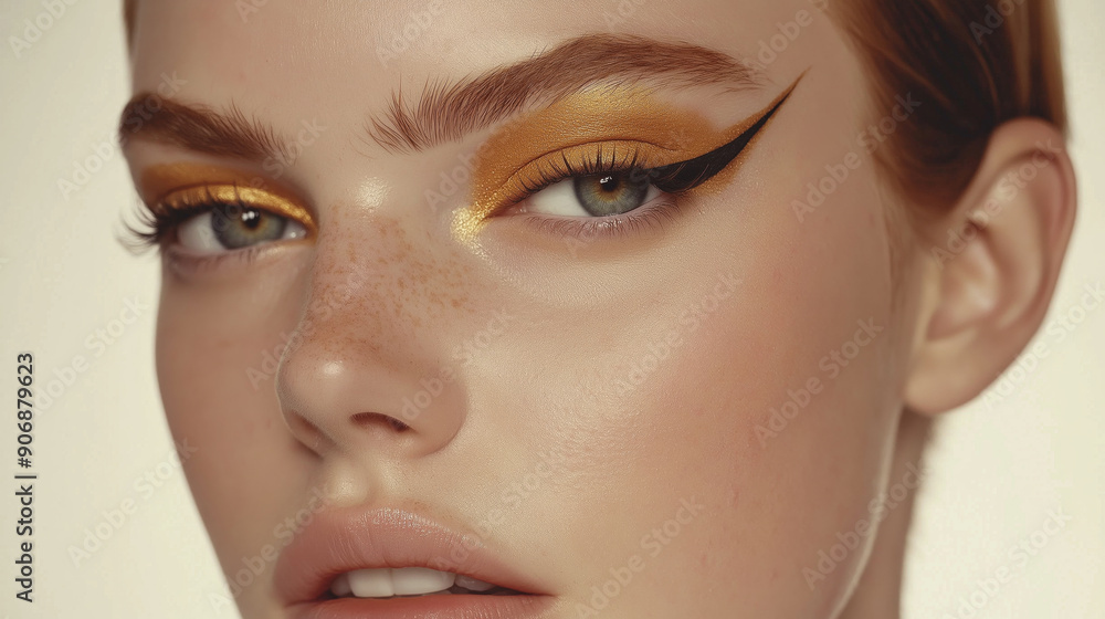 Close-up of a woman's face featuring bold golden eyeshadow, dramatic winged eyeliner, and subtle freckles Close-up of a woman's face featuring bold golden eyeshadow, dramatic winged eyeliner, and subtle freckles