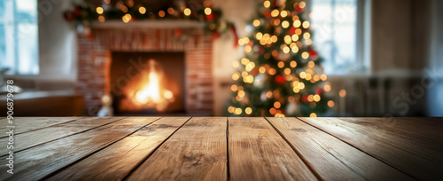 Empty light wooden table top with blurred background of a cozy home interior at Christmas time, with a fireplace and decorated tree in the room. Banner for product display montage.