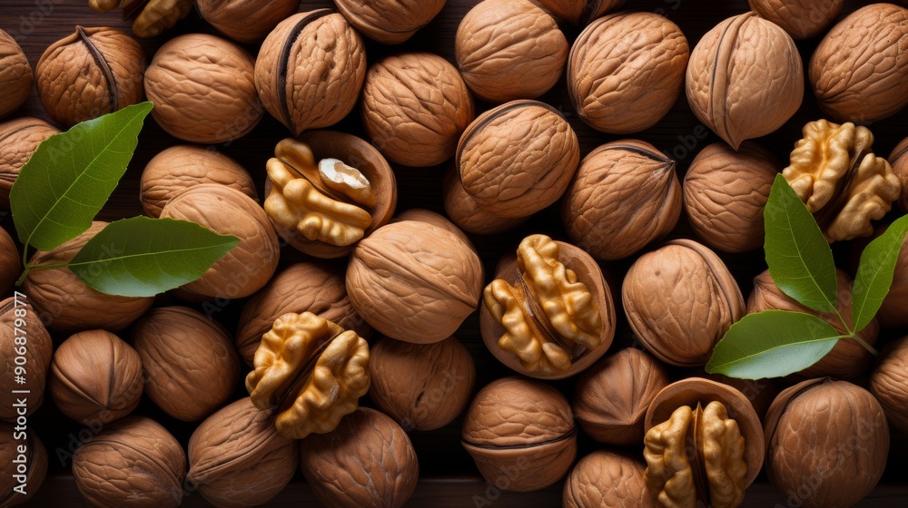 Walnuts in shells and cracked with green leaves. Walnuts in shells and cracked with green leaves.