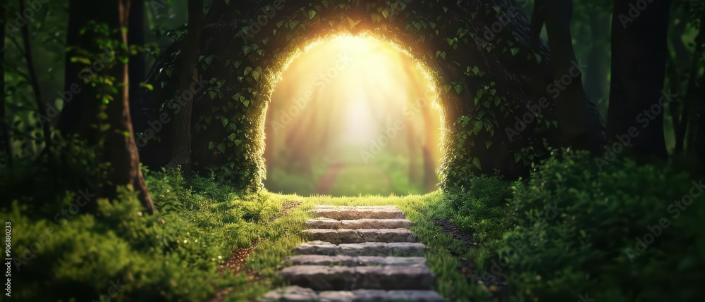 Fototapeta premium A shimmering portal opening in the middle of an enchanted forest