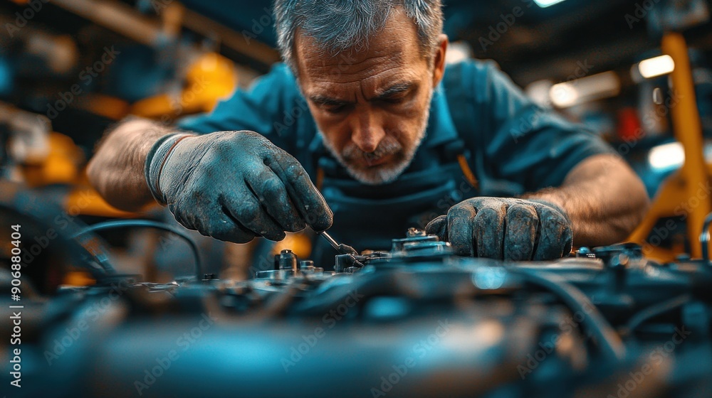 Detailed close-up of a man hands working on a car engine. The image captures the intensity and concentration on his face as he inspects the engine. The surrounding area is blurred to emphasize the Detailed close-up of a man hands working on a car engine. The image captures the intensity and concentration on his face as he inspects the engine. The surrounding area is blurred to emphasize the
