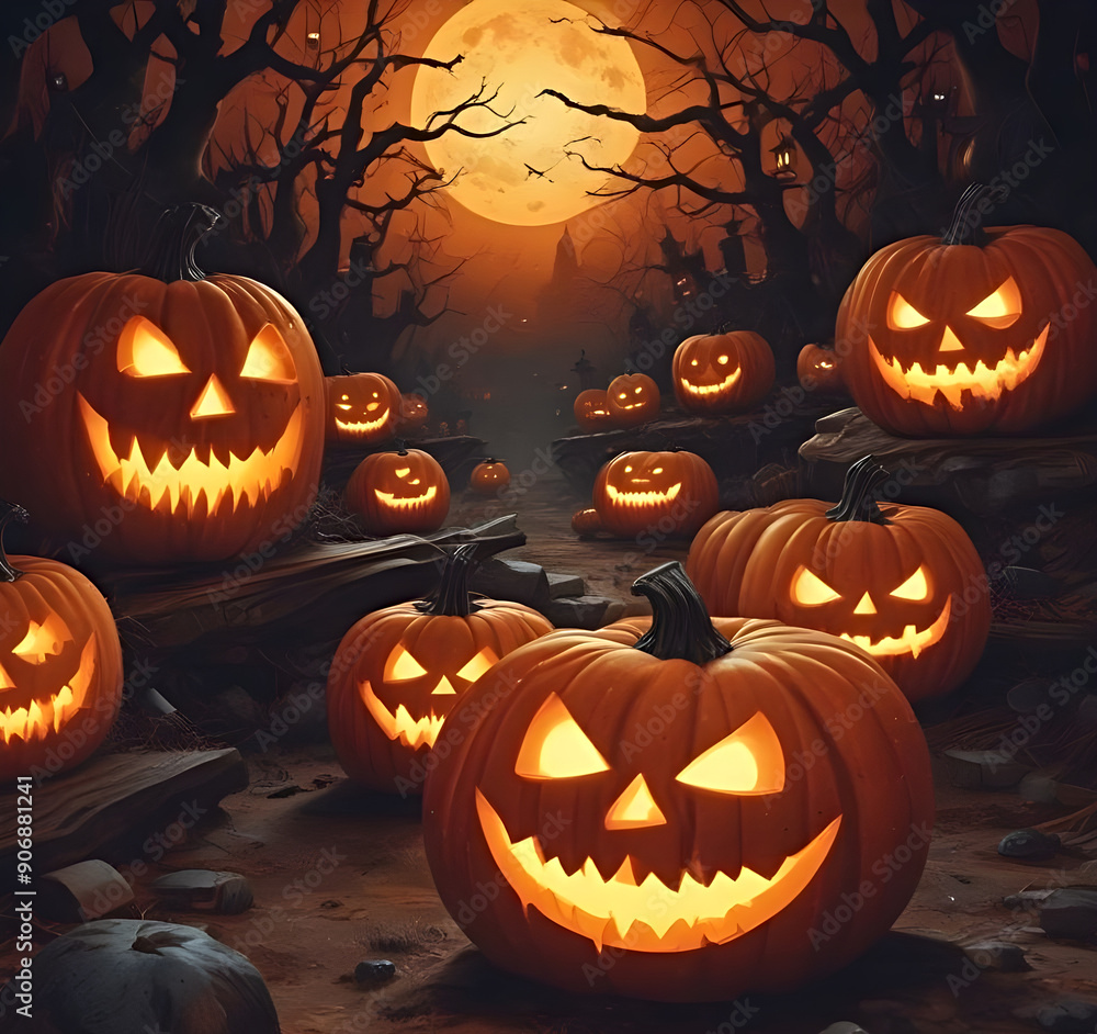 Eerie Halloween night scene featuring glowing carved pumpkins with sinister faces in the darkness. Eerie Halloween night scene featuring glowing carved pumpkins with sinister faces in the darkness.