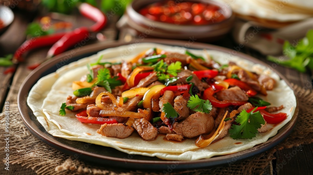 Moo shu pork recipe with vegetables and mushrooms close-up in a plate on the table. Moo shu pork recipe with vegetables and mushrooms close-up in a plate on the table.