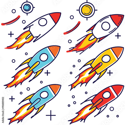 Four colorful rockets launching among stars planets. Cartoon style spacecraft ascending, flames out rocket boosters. Fun pattern children space theme textiles wallpapers