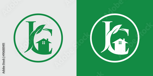 creative green house logo with a combination of the letters JC and leaves.vector