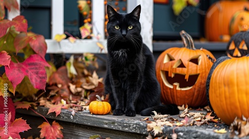 On a dark autumn night, a mysterious black cat with bright eyes and whiskers curiously peers around a pile of colorful pumpkins, embodying the spirit of halloween