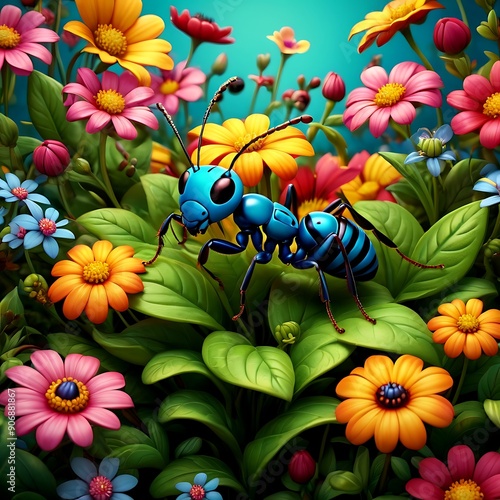 Blue Ant in a Garden of Flowers., Generative Ai photo