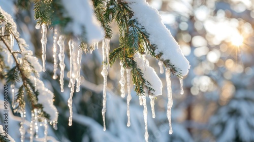 Close up of snow covered fir tree branches with icicles in winter forest Authentic winter spring backdrop