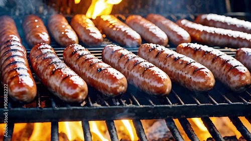 Close-up barbecue sausages are roasting on the grill. The coals are burning and there is a light smoke. Family celebration and weekend concept.