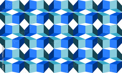 Blue and green tone cube 3D seamless repeat pattern, replete image design for fabric printing or wallpaper, blue abstract wall, checkerBoard