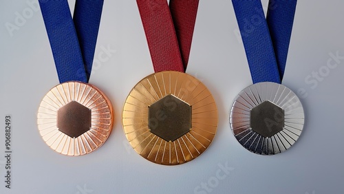 3 Olympic Medals of Gold, Silver, and Bronze Inspired by Paris 2024 Olympic Games Royalty Free	