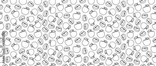 Seamless background with apples. Contour drawings of apples on a white background. Linear drawing of fruits. Endless background