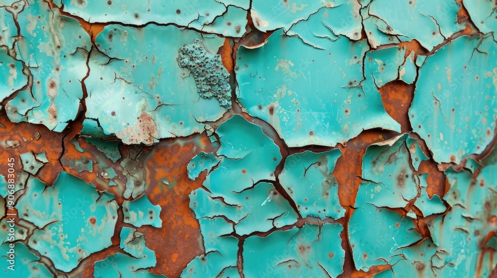 Close up of turquoise cracked paint on old rusty metal with copy space Close up of turquoise cracked paint on old rusty metal with copy space