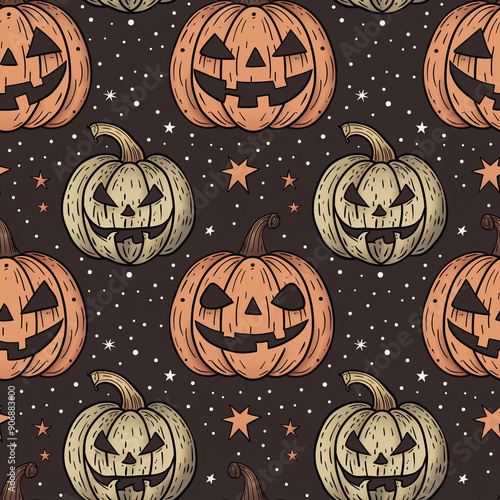 Seamless Pattern Halloween Jack-o-lantern Stars Dark Background Art Illustration Wallpaper