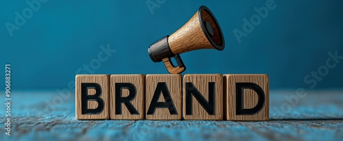 Brand building and brand awareness concept with megaphone on wooden cubes