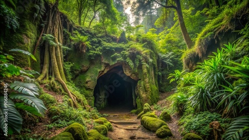 Mysterious Cave Entrance in Dense Forest