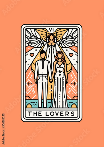 The Lovers: Tarot Card Featuring Couple, Angel, Hearts, and Symbolic Elements