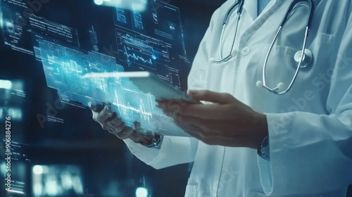 Close up of doctor's hands using tablet pc with global connection concept