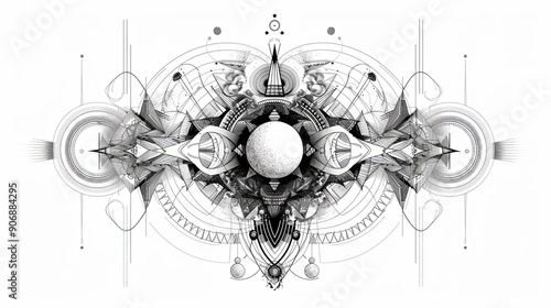 tattoo art line, illustrated in illustrator, perfect generation without design errors, pure white and clean background, A geometric and realistic style tattoo, featuring a combination of mythological.