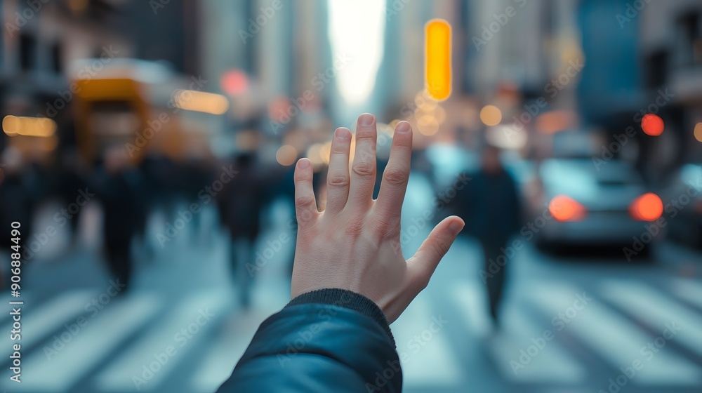 Stop Hand Gesture: A hand making a stop gesture with a busy street as the backdrop.
Stop Hand Gesture: A hand making a stop gesture with a busy street as the backdrop.