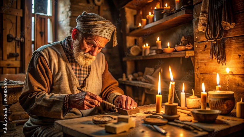 Old World Artisan Working in Candlelight Old World Artisan Working in Candlelight