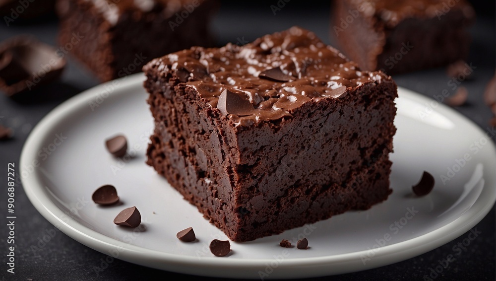 A piece of chocolate brownie on a white plate. Close-up, selective focus. A piece of chocolate brownie on a white plate. Close-up, selective focus.