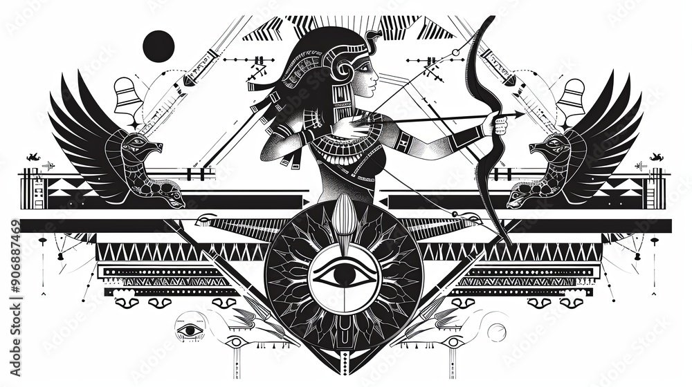Obraz premium tattoo art line, illustrated in illustrator, perfect generation without design errors, pure white and clean background, A geometric and realistic style tattoo, featuring a combination of mythological 