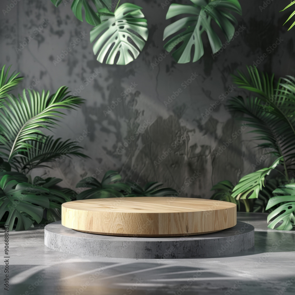 Wooden Platform on Concrete Base with Tropical Leaves Wooden Platform on Concrete Base with Tropical Leaves