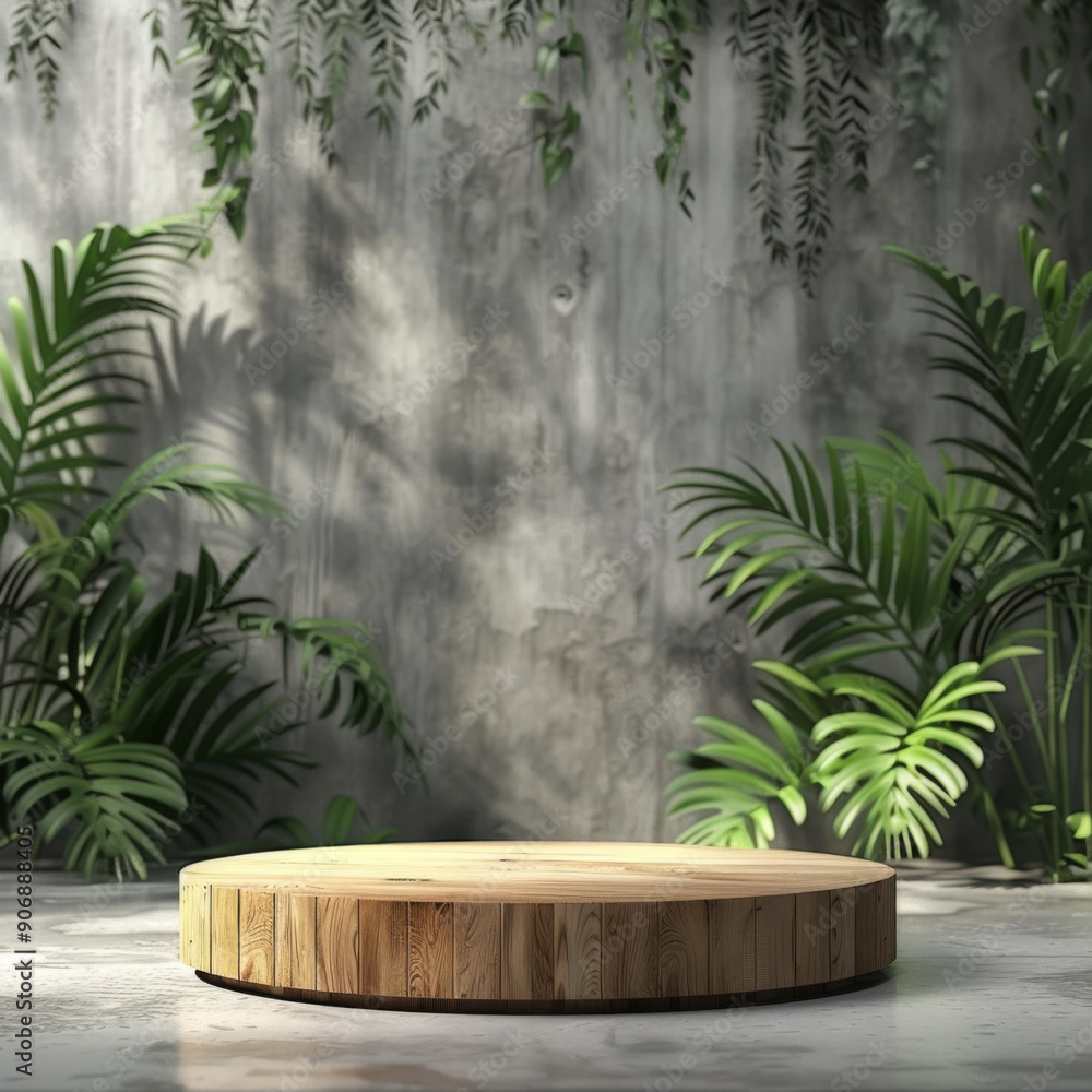 Wooden Platform with Tropical Plants Against a Concrete Wall Wooden Platform with Tropical Plants Against a Concrete Wall