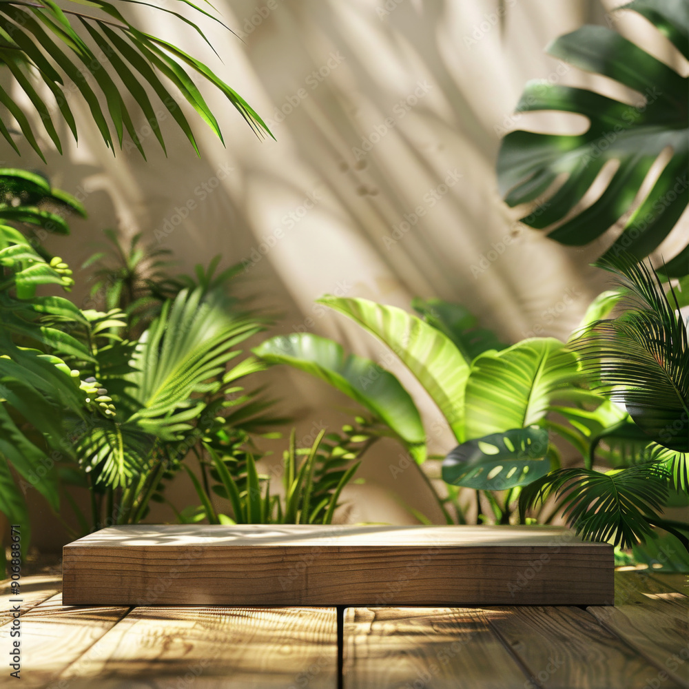 Wooden Platform with Tropical Plants and Sunlight Wooden Platform with Tropical Plants and Sunlight