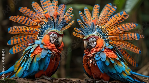 two colorful birds with feathers