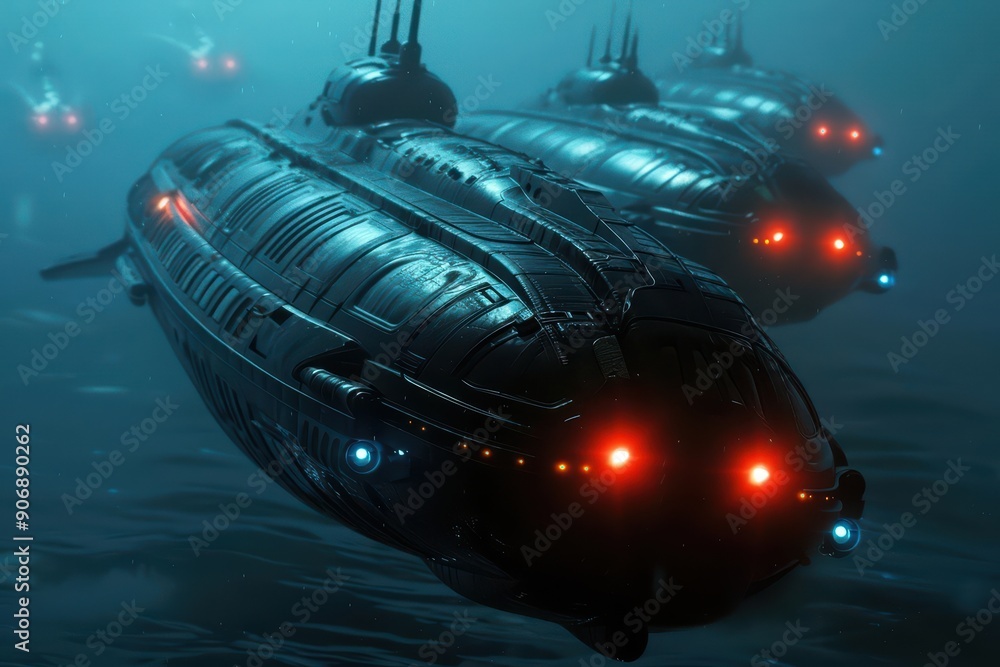 Ultramodern submarines explore an underwater supernatural scene where ...