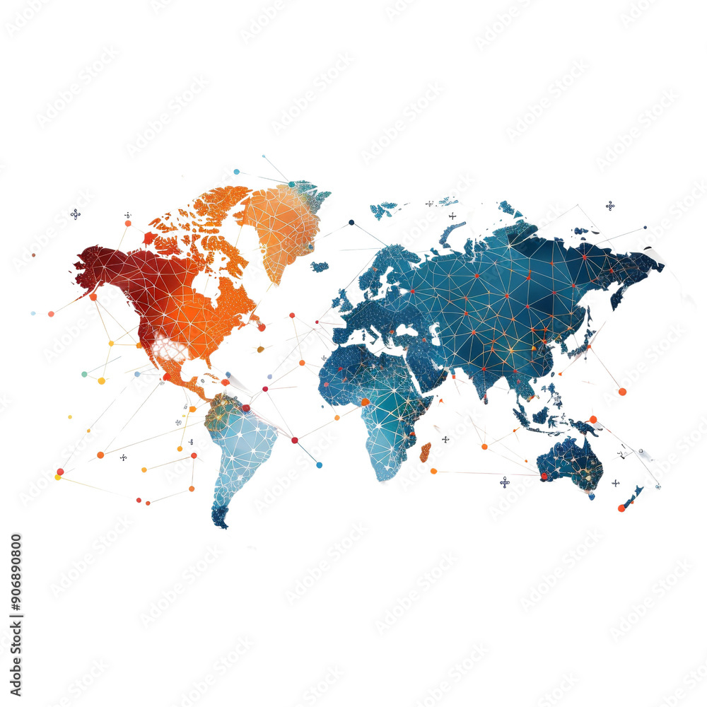 Fototapeta premium Colorful world map with network connections, digital illustration representing global communication and technology.
