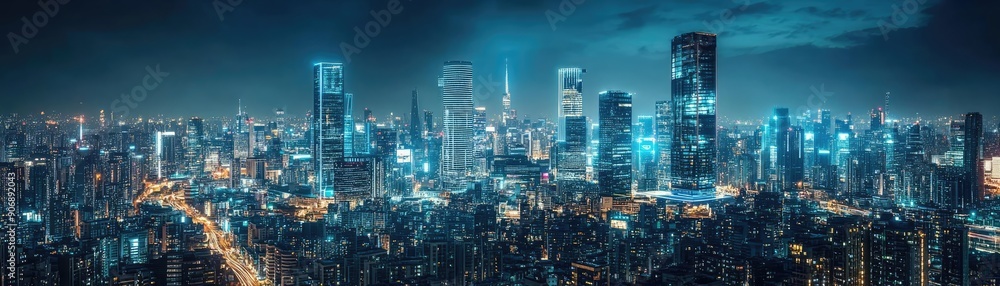 A stunning urban skyline illuminated at night, showcasing modern architecture and vibrant city lights against a twilight sky. A stunning urban skyline illuminated at night, showcasing modern architecture and vibrant city lights against a twilight sky.