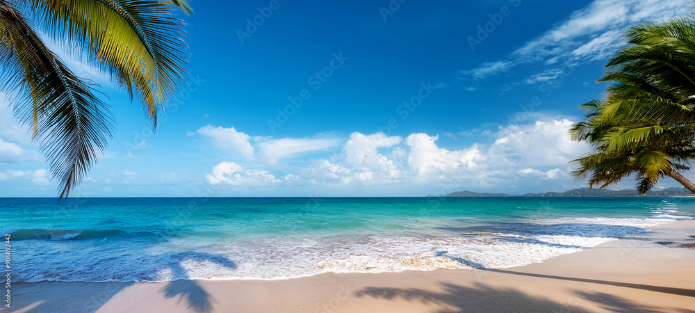 A serene beach with palm trees and gentle waves rolling in, beautiful blue sky and cloud; perfect seascape for travel concept A serene beach with palm trees and gentle waves rolling in, beautiful blue sky and cloud; perfect seascape for travel concept