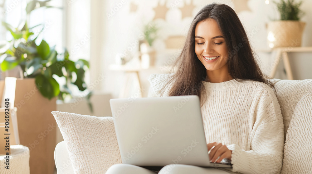 Woman Enjoying Online Shopping - Sitting on Couch with Laptop on Lap, Making Purchases from Home, Smiling and Relaxed Photo Woman Enjoying Online Shopping - Sitting on Couch with Laptop on Lap, Making Purchases from Home, Smiling and Relaxed Photo