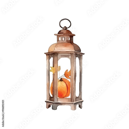 watercolor lanterns and pumpkins ilustration, white background