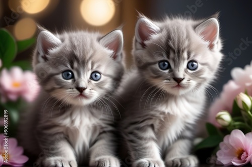 Two little gray kittens against a background of pink flowers.