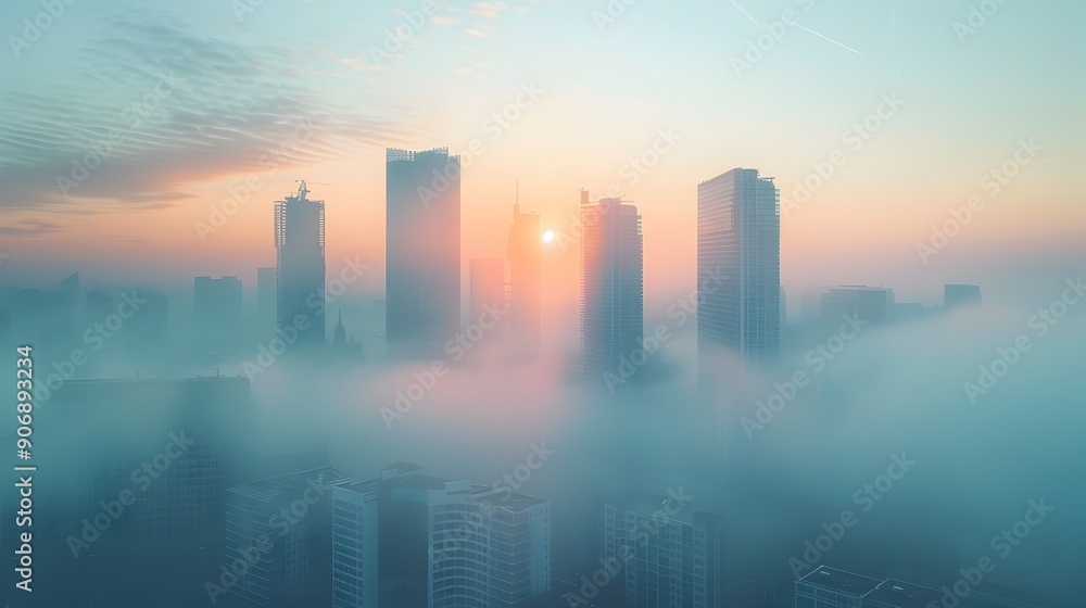 Fototapeta premium Misty Morning in the City Towering Skyscrapers Emerging Through Hazy Atmosphere