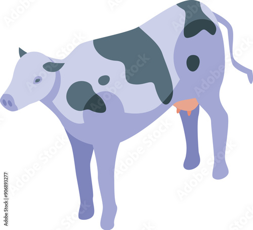 Spotted milk cow standing on farm in isometric projection, farming and agriculture concept
