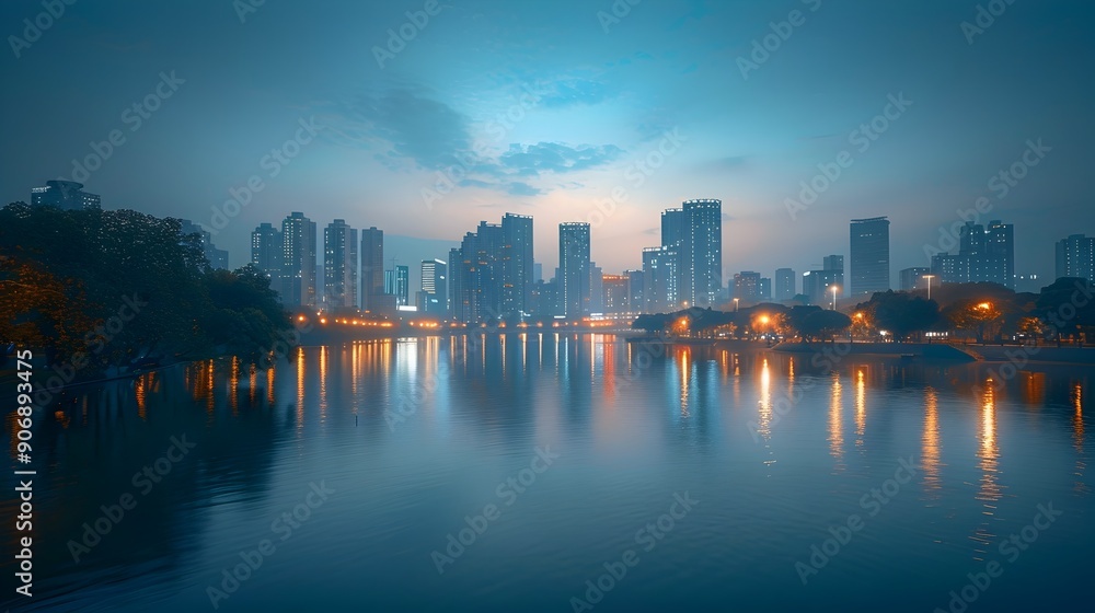 Fototapeta premium Serene Skyline of a City at Twilight with Glowing Reflections on the Calm River