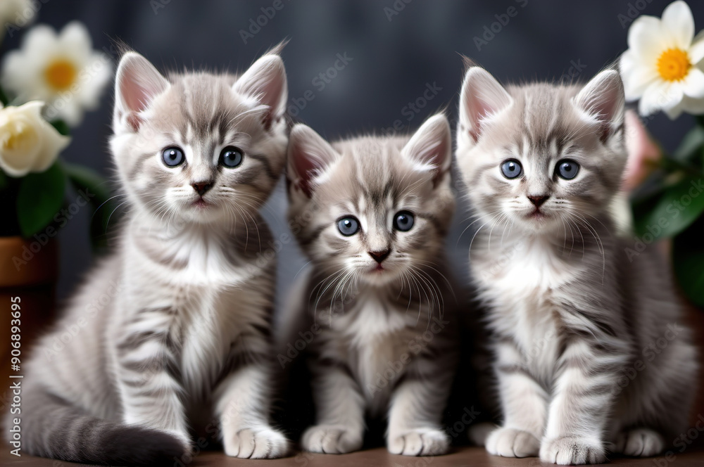 Three small gray kittens on a dark background. Three small gray kittens on a dark background.