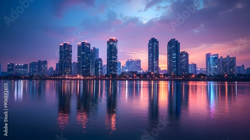 Wallpaper Mural Captivating Cityscape at Twilight Glowing Skyscrapers Reflected in Calm River Torontodigital.ca