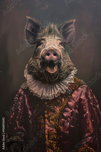 A whimsical portrait of a boar dressed in a red and gold robe with a lace collar. photo