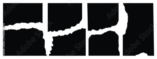 Set of torn paper with ripped edges on black background.