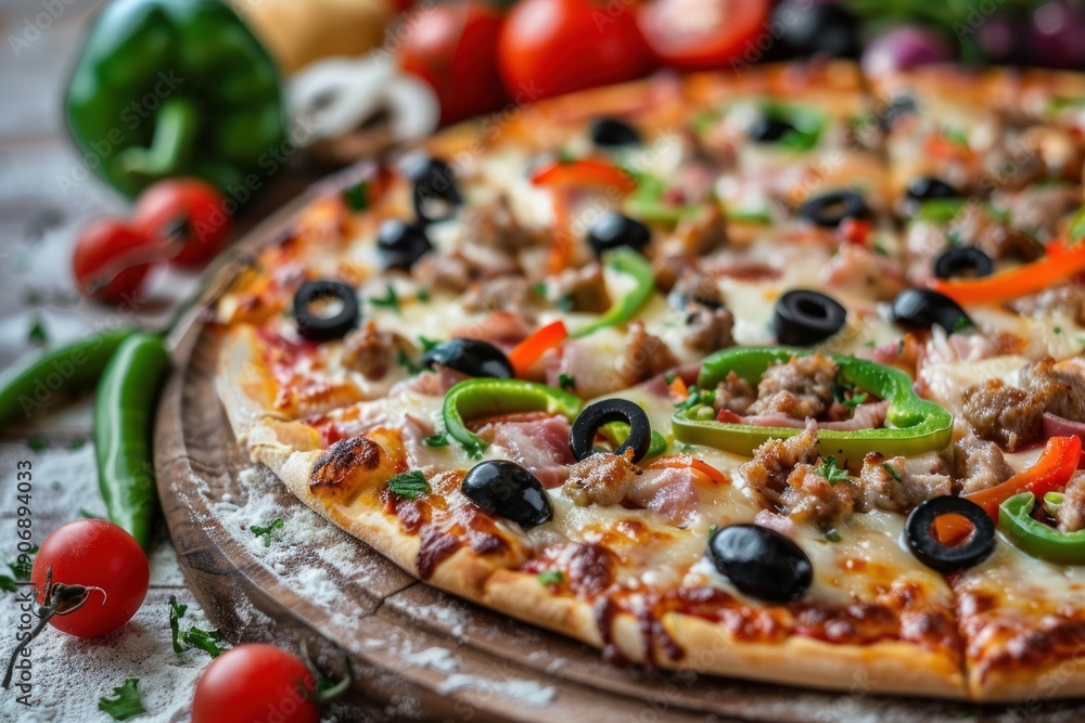 Close-up of a delicious pizza with black olives, green peppers, and sausage. Close-up of a delicious pizza with black olives, green peppers, and sausage.