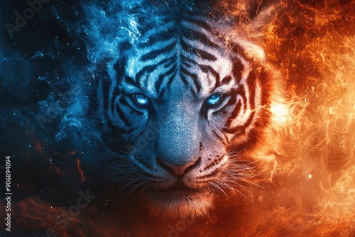 Wallpaper Mural White Tiger with Blue Eyes Surrounded by Fire and Ice Torontodigital.ca